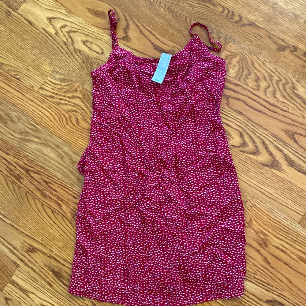 Red, floral, spaghetti strap dress